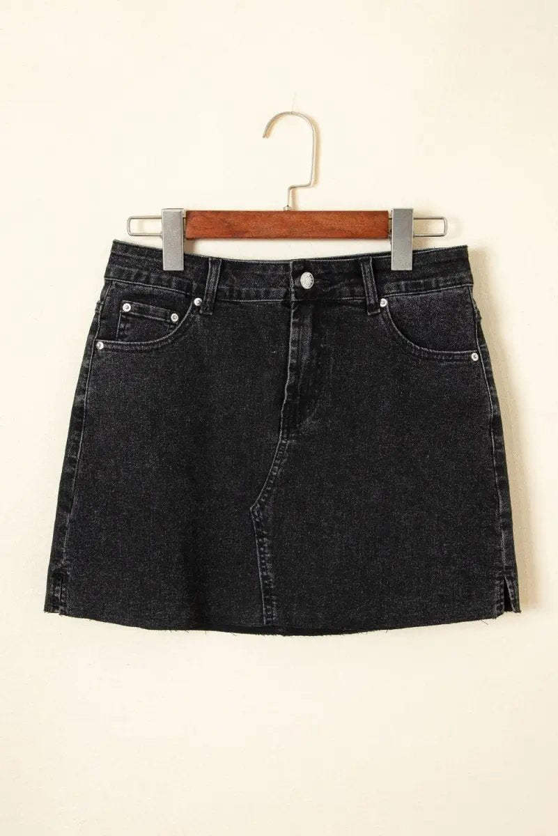 Carbon Grey Mineral Wash Ripped Raw Hem Denim Mini Skirt - Love Salve